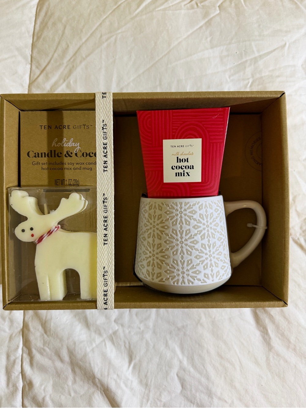 Ten Acres Gift, White Snowflake Mug, Deer Candle and Hot Cocoa Mix Gift Set